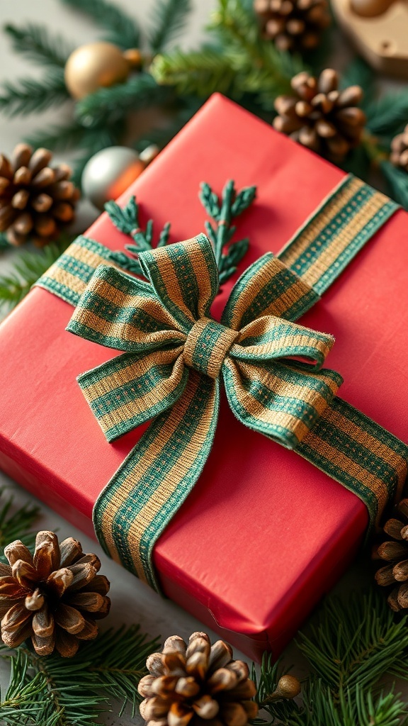 DIY Christmas Gift Ribbon A Christmas gift wrapped in red paper with a green and gold ribbon, decorated with pinecones and evergreen.